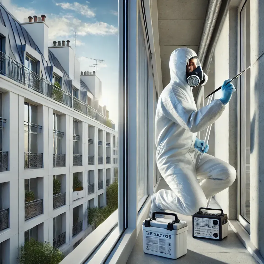 DALL·E 2025 01 11 21.39.00 A photorealistic depiction of a professional conducting an asbestos inspection in an urban apartment setting in Paris focusing on a modern building f